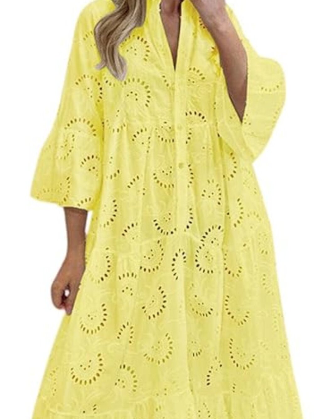 Women's 2026 Lace Eyelet Embroidery Maxi Dress V-Neck Trumpet Sleeve Boho Flowy